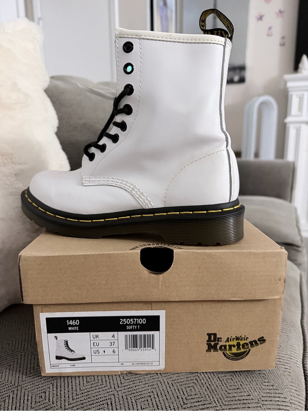 Dr. Martens White Leather Lace-Up Combat Boots with Yellow Stitching